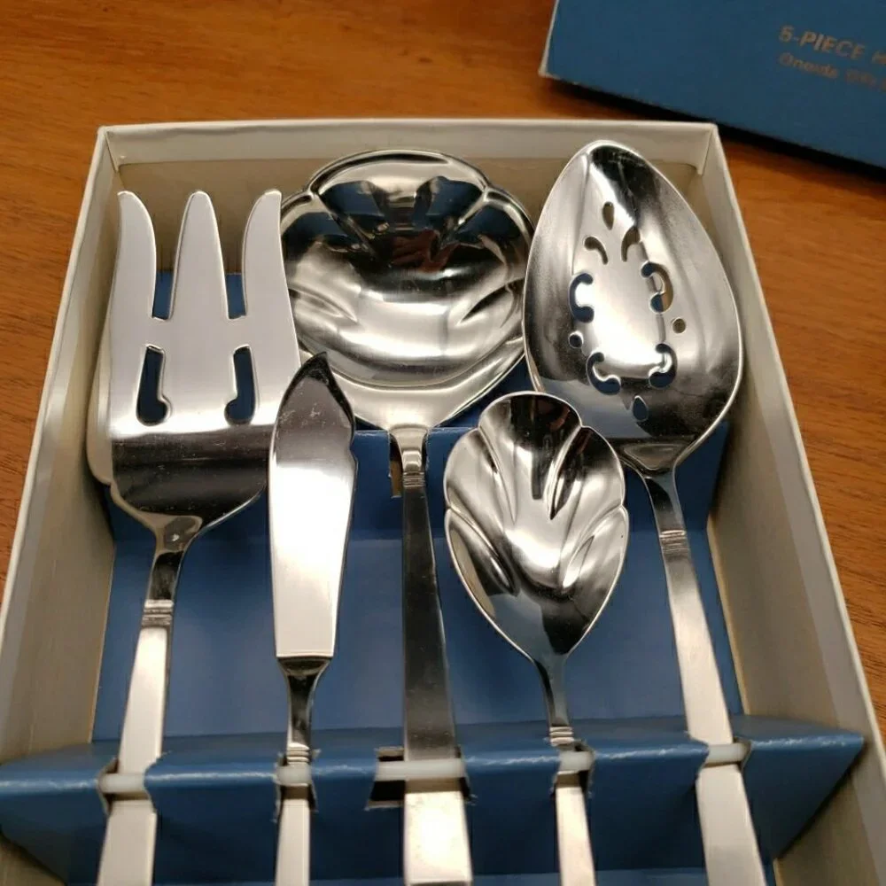 Oneidacraft Deluxe Stainless Nordic Crown 5 Pc Hostess Serving Set w/ Box Vtg